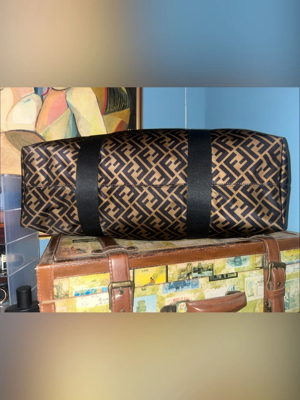 Fendi Brown Monogram Duffle with Yellow Logo and Black Straps